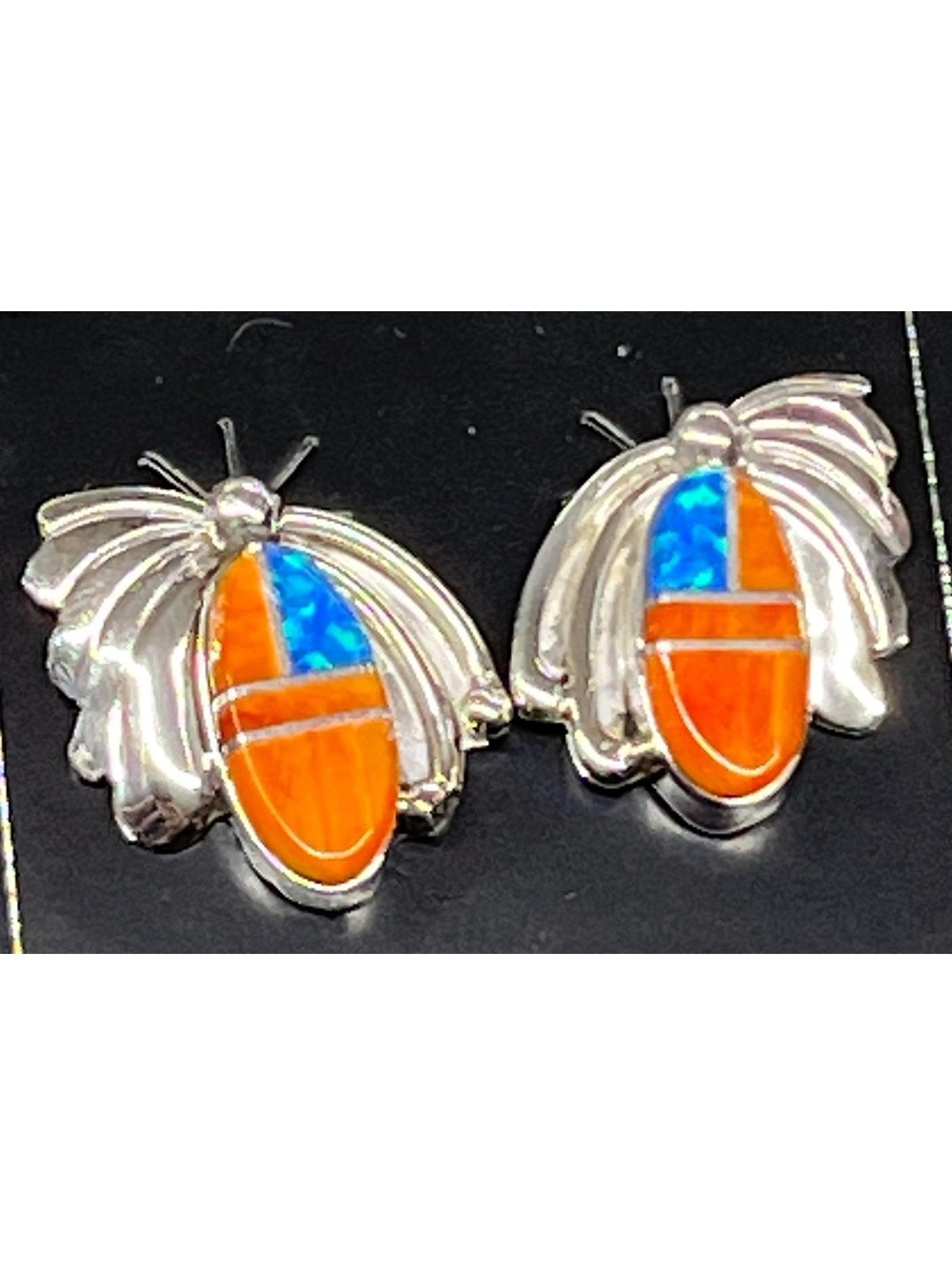 Native American Navajo sterling silver inlay opal spiny oyster earrings post
